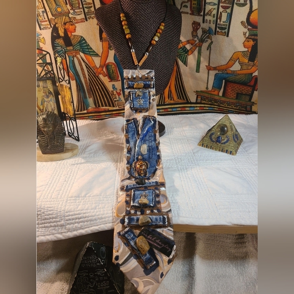 Turtle Themed Blue and Tan Necktie Denim And Silk Necktie Necklace